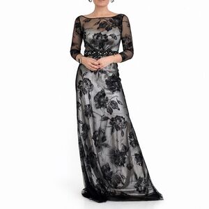 Gorgeous Lace Silk Satin Lined Black Tie Gown with 3/4 Sleeves